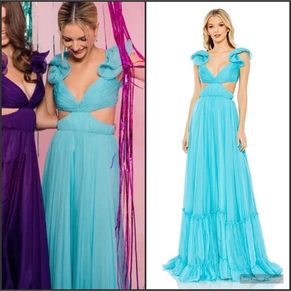 Mac Duggal Ruffled Shoulder Cut Out Lace Up Gown Dress Blue Green Size 10 - Picture 1 of 16
